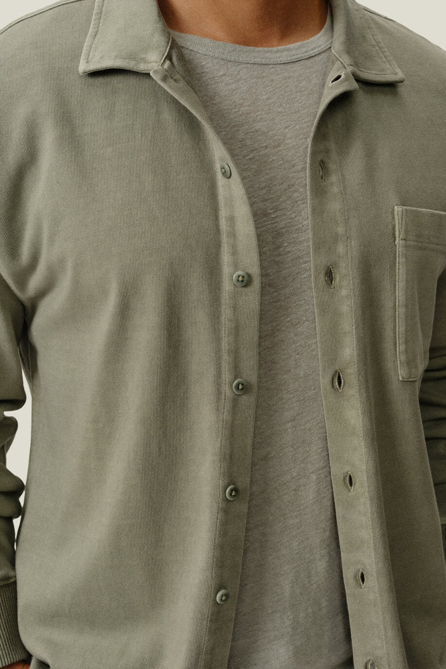 Alex Crane Caza Knit Shirt in seagrass close up