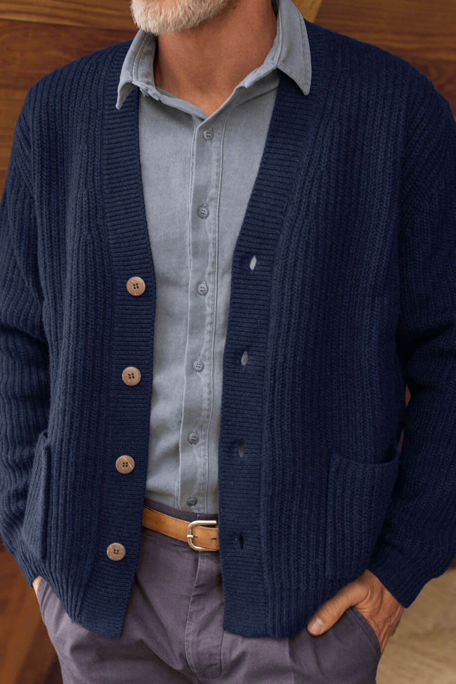 Alex Crane Vale Cardigan in indigo outfit