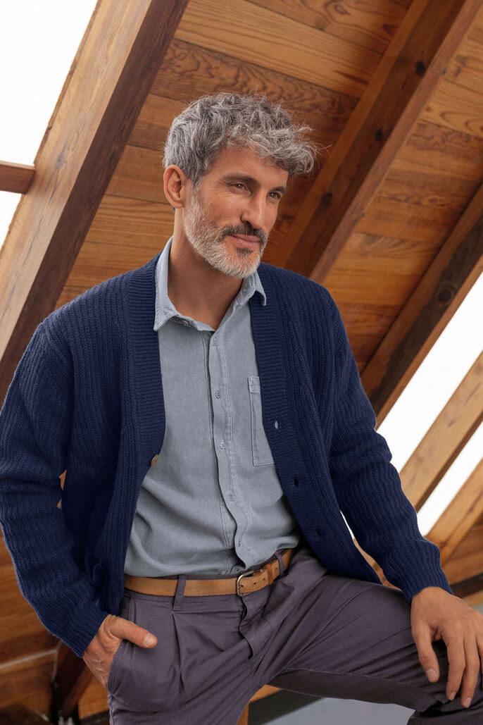 Alex Crane Vale Cardigan in indigo lifestyle