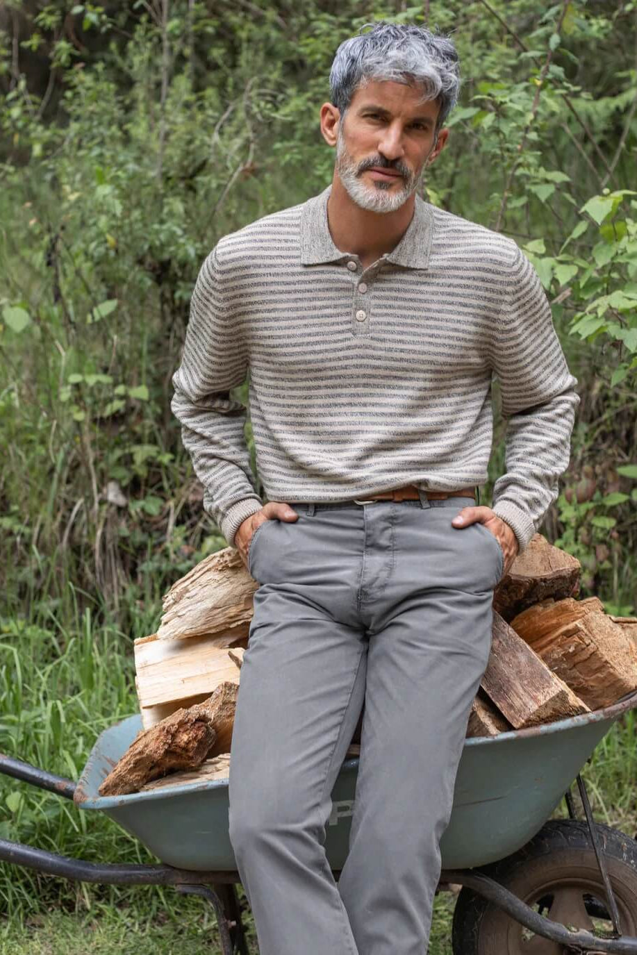 Man wearing the Alex Crane Anchor Polo in Sand Lines