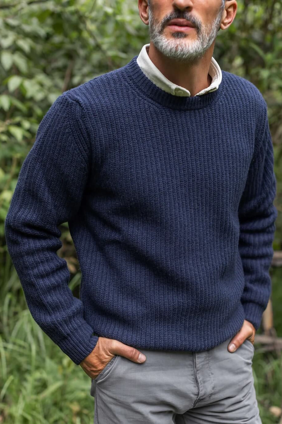 Man wearing the Alex Crane Vale Sweater in Indigo