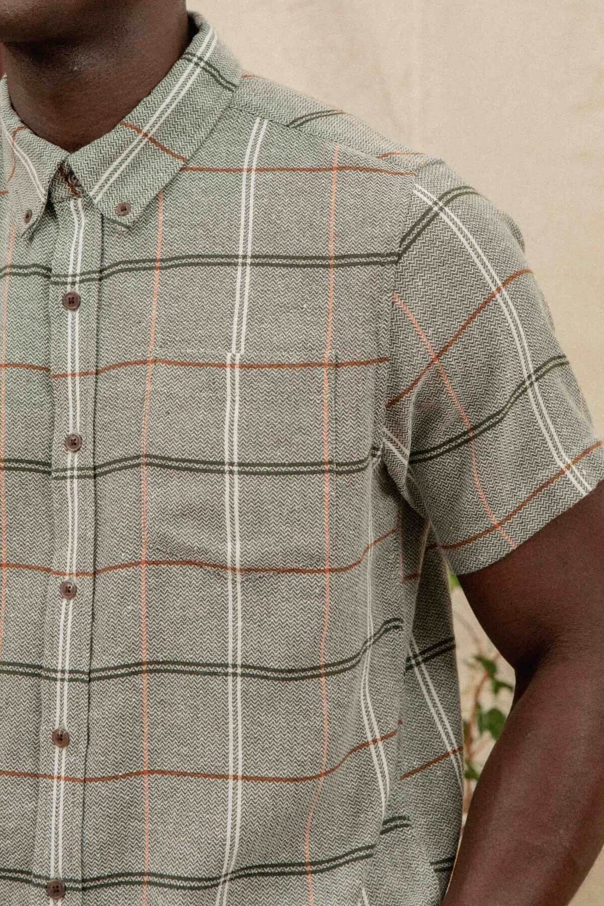 Bridge and Burn Jordan Slim Shirt in Olive Ember Grid close up