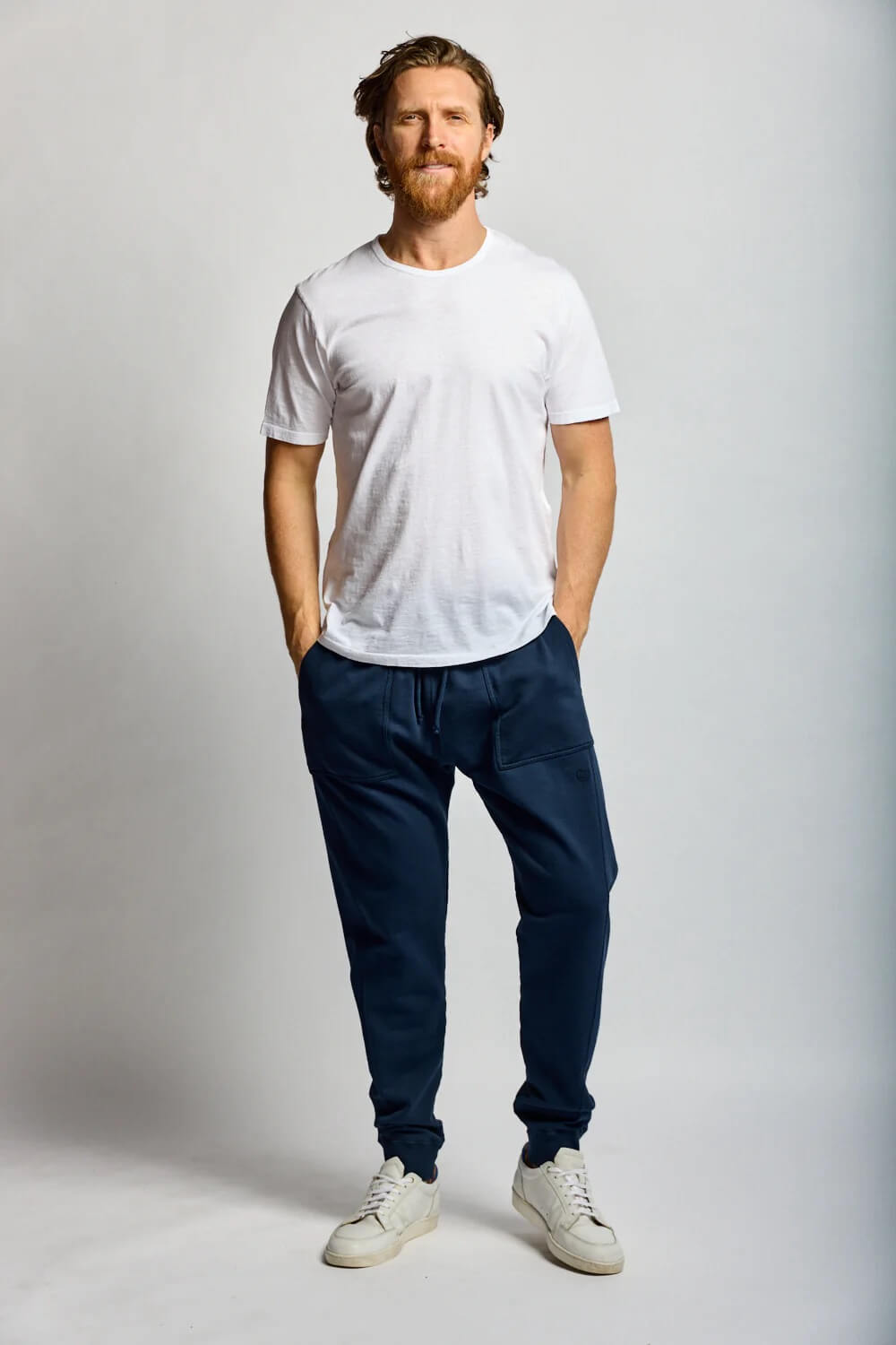 Man wearing the Slub Cotton Sweatpant in Navy by Easy Mondays