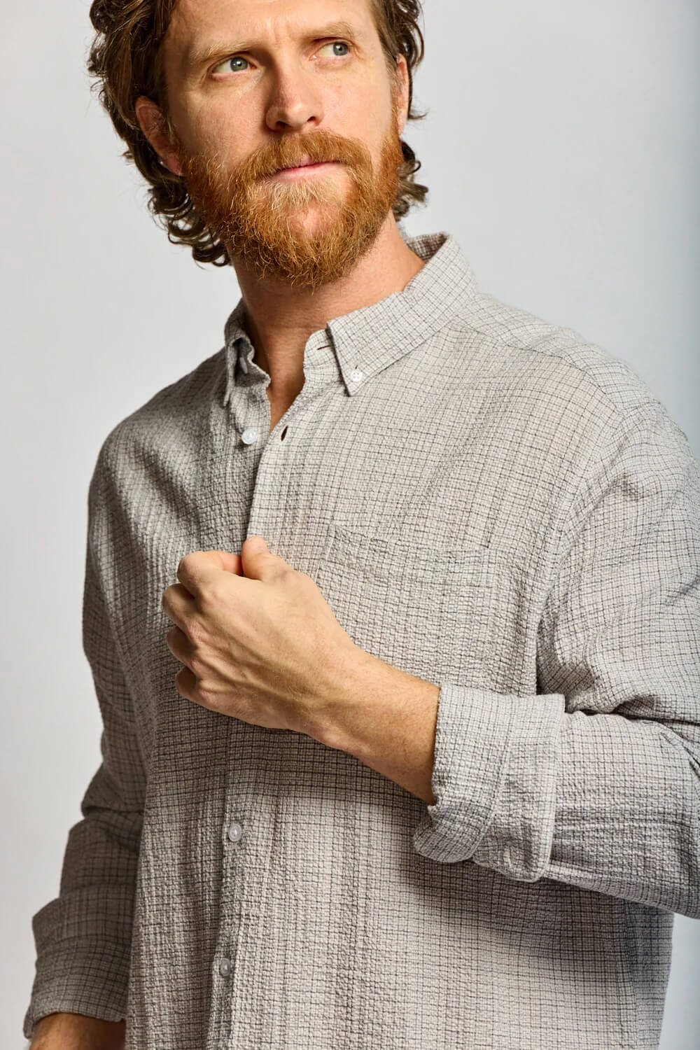 Easy Mondays Crinkle Plaid Button Down men's lightweight cotton shirt with textured crinkle weave, relaxed collar and classic plaid pattern.
