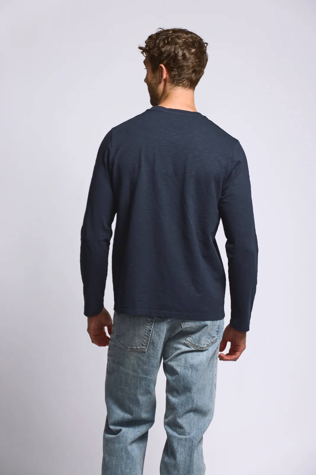 Easy Mondays Long Sleeve Slub Cotton Jersey men's crew neck shirt with textured 240 GSM cotton fabric and casual fit.