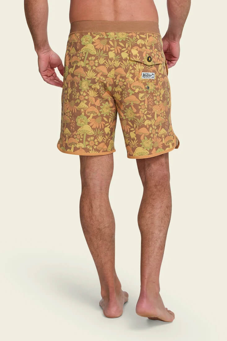 Howler Brothers Bruja men's boardshorts with drawstring waist, draining front pockets and scalloped leg openings.
