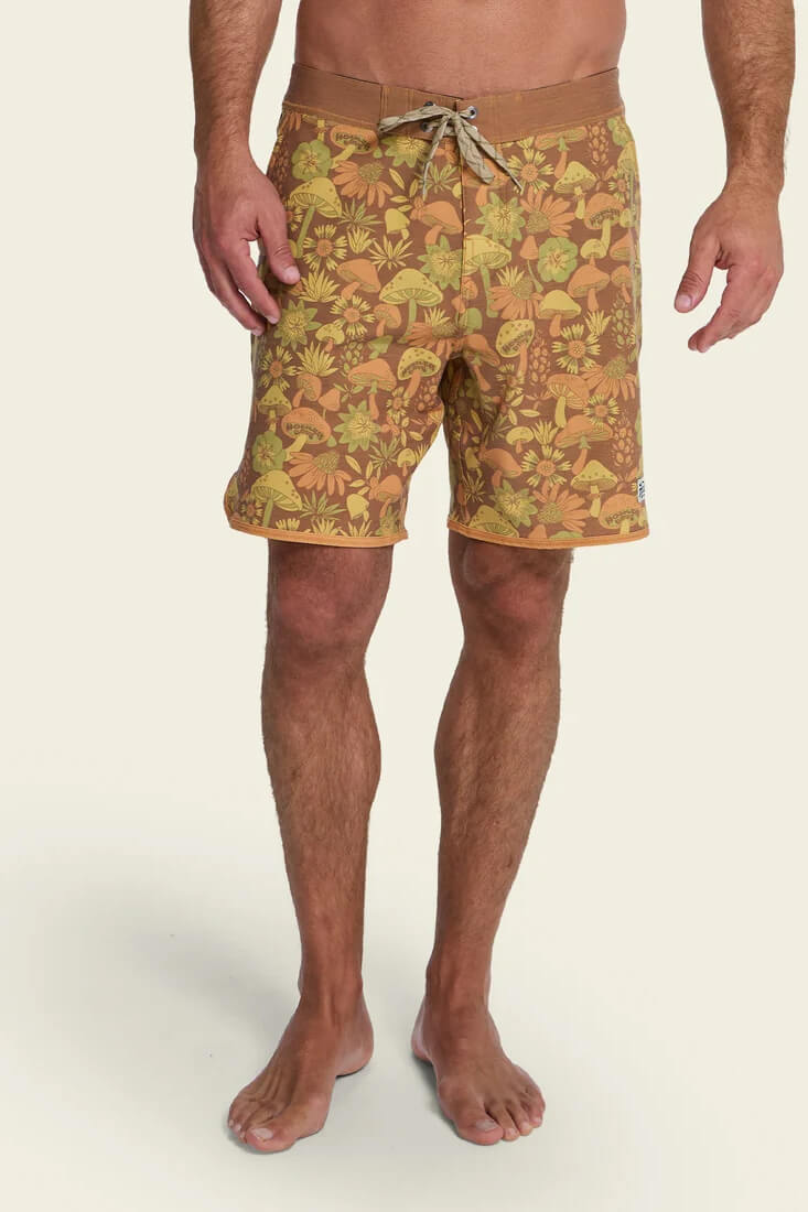 Howler Brothers Bruja men's boardshorts with drawstring waist, draining front pockets and scalloped leg openings.