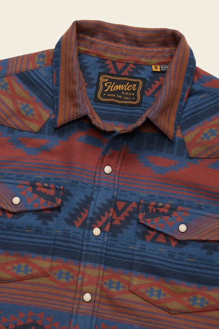 Howler Brothers Sheridan Flannel men's regular-fit jacquard flannel shirt with western-inspired styling, bone snaps, and shirttail hem.