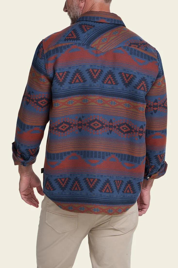 Howler Brothers Sheridan Flannel men's regular-fit jacquard flannel shirt with western-inspired styling, bone snaps, and shirttail hem.