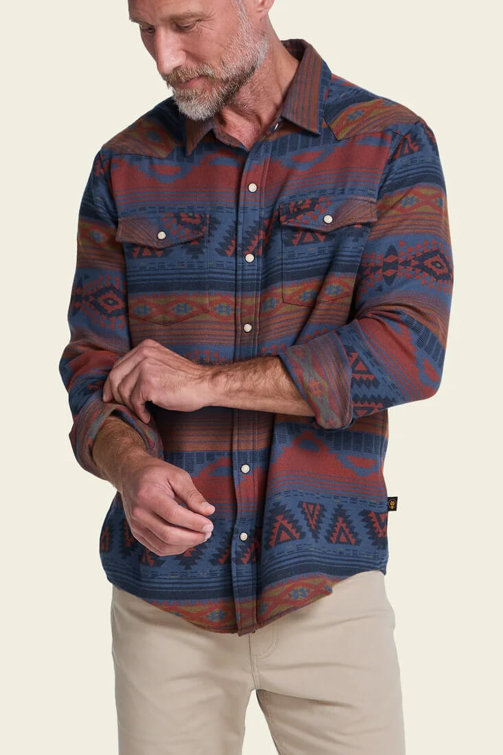 Howler Brothers Sheridan Flannel men's regular-fit jacquard flannel shirt with western-inspired styling, bone snaps, and shirttail hem.