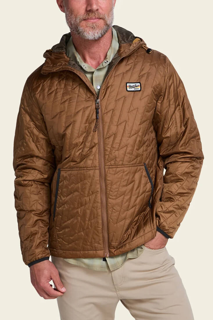 Howler Brothers Voltage Full Zip Jacket men's lightweight insulated hooded jacket with lightning-bolt quilting and packable design.