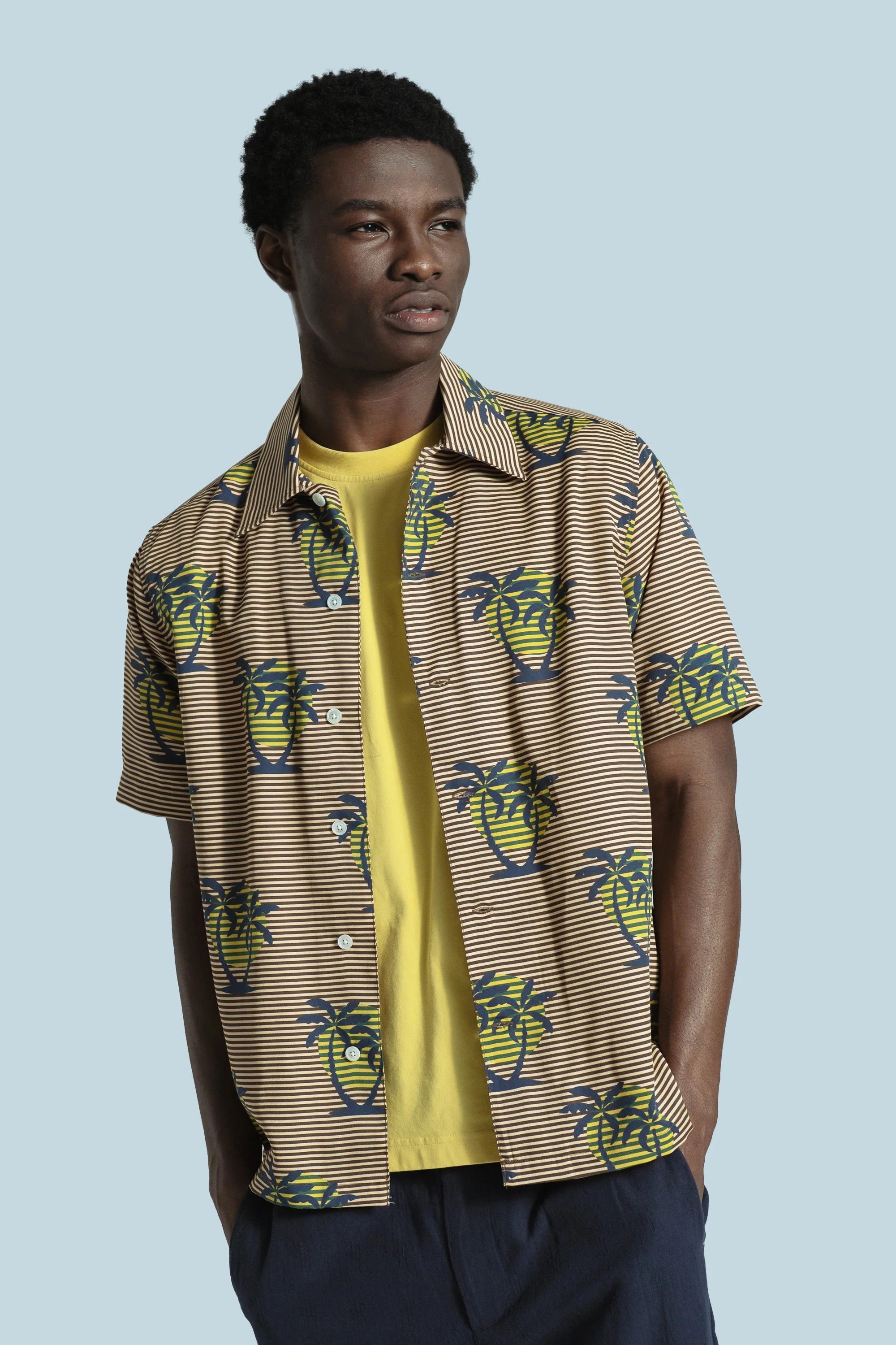 green and yellow striped dress shirt Busey Golden Palm launchdate:8/15/2022 Red Wine Midi Dress and buttoning are all Color:Marigold