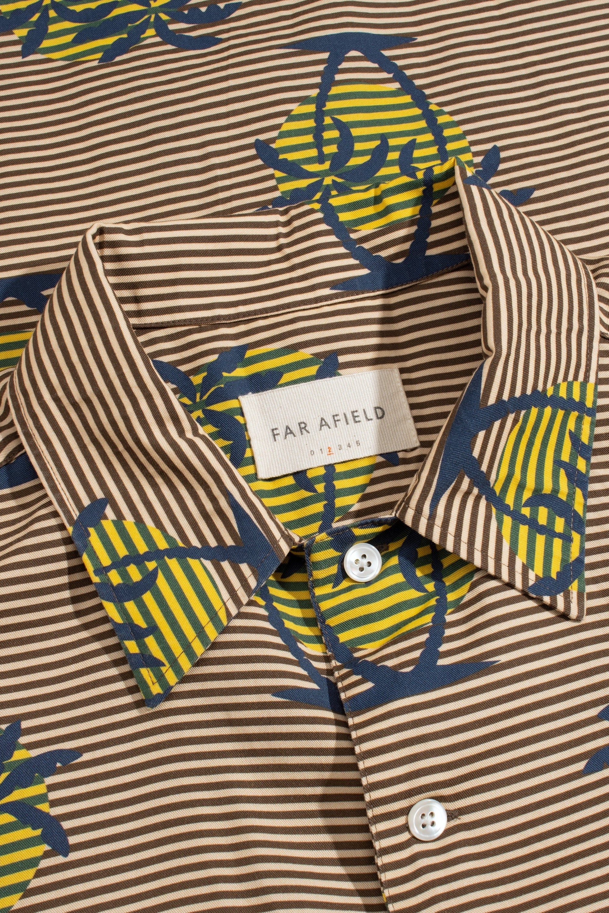 Far Afield Busey GoldenP alms Stripe Shirt close up