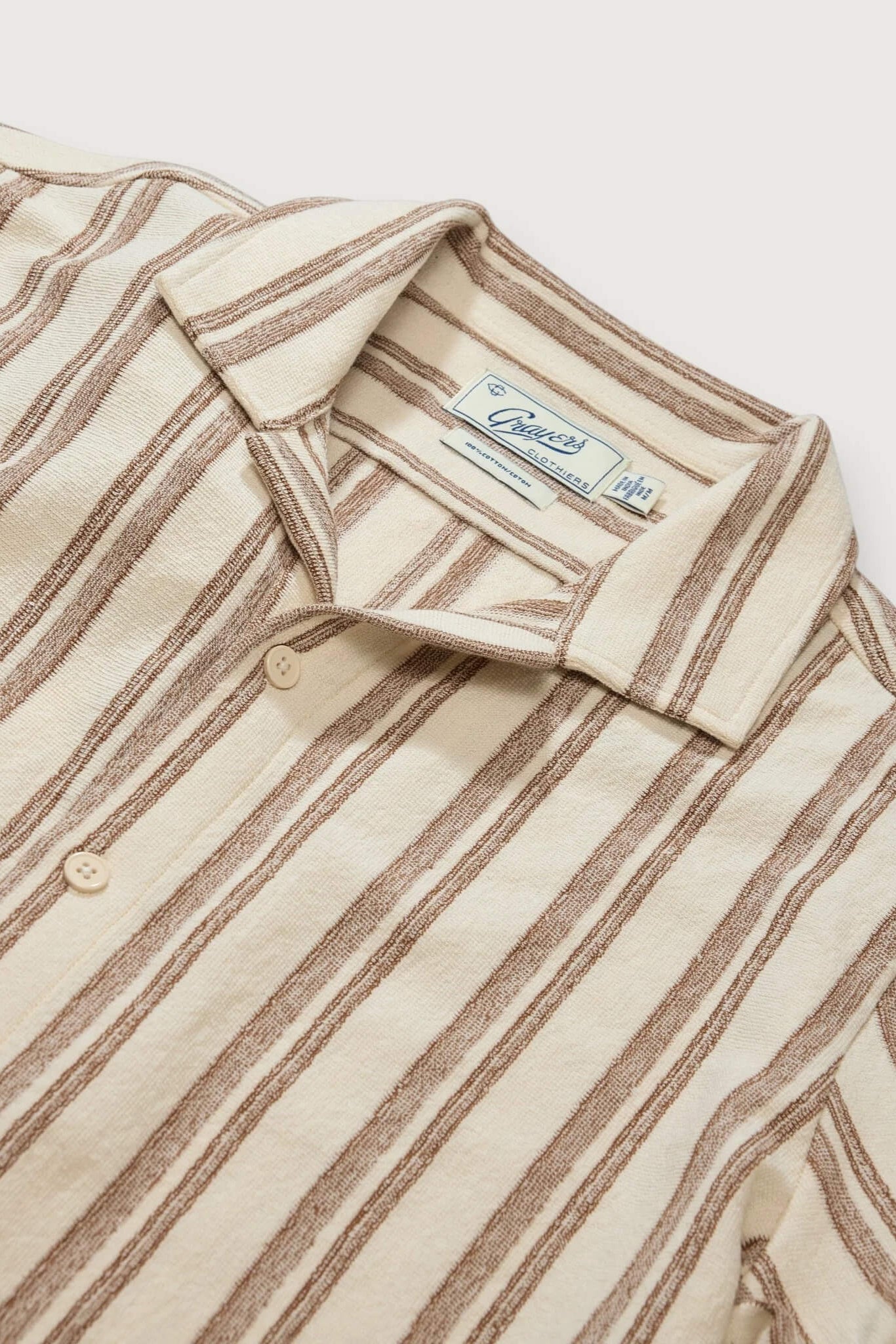 Grayers Baja Camp Shirt in Biscuit Stripe collar close up