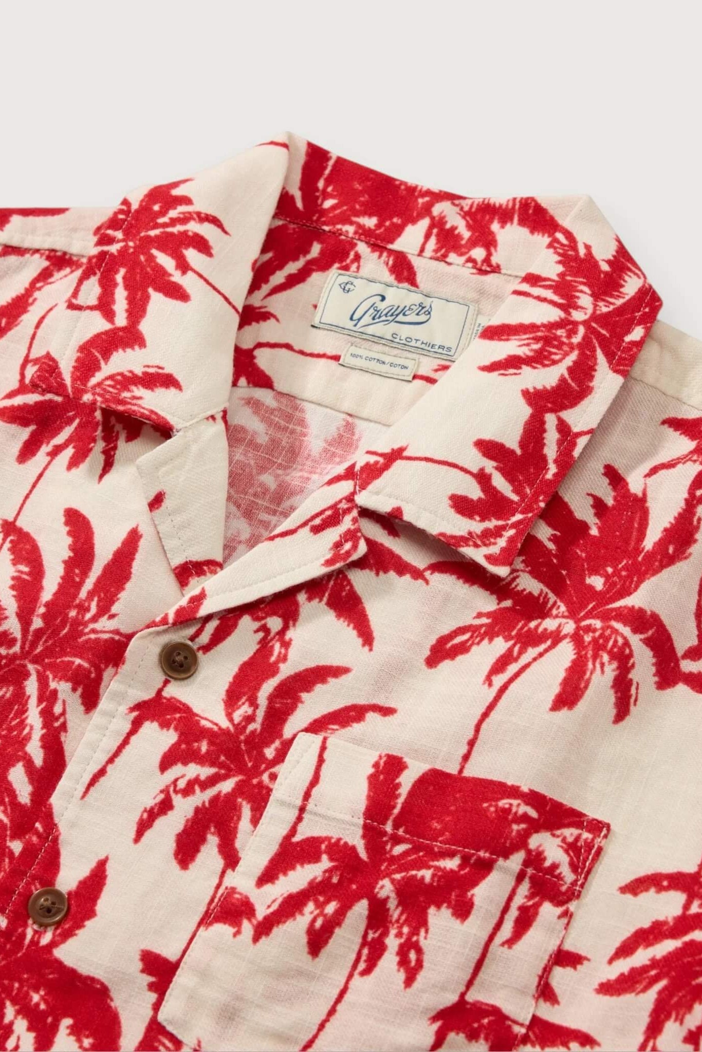 Grayers Cottage Loom Shirt in Fiery Palms collar close up