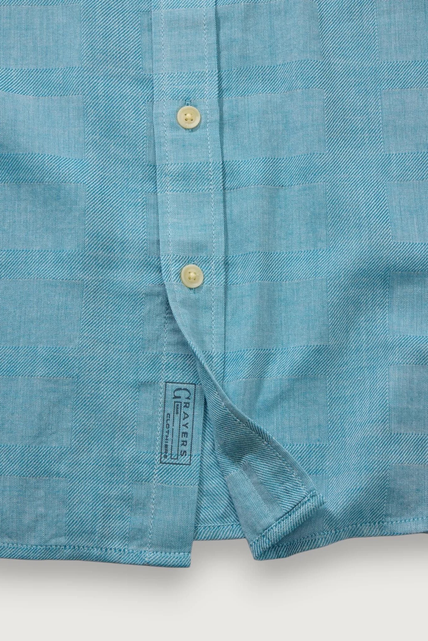 Grayers Tradewinds Camp Shirt in Maui Blue buttons close up