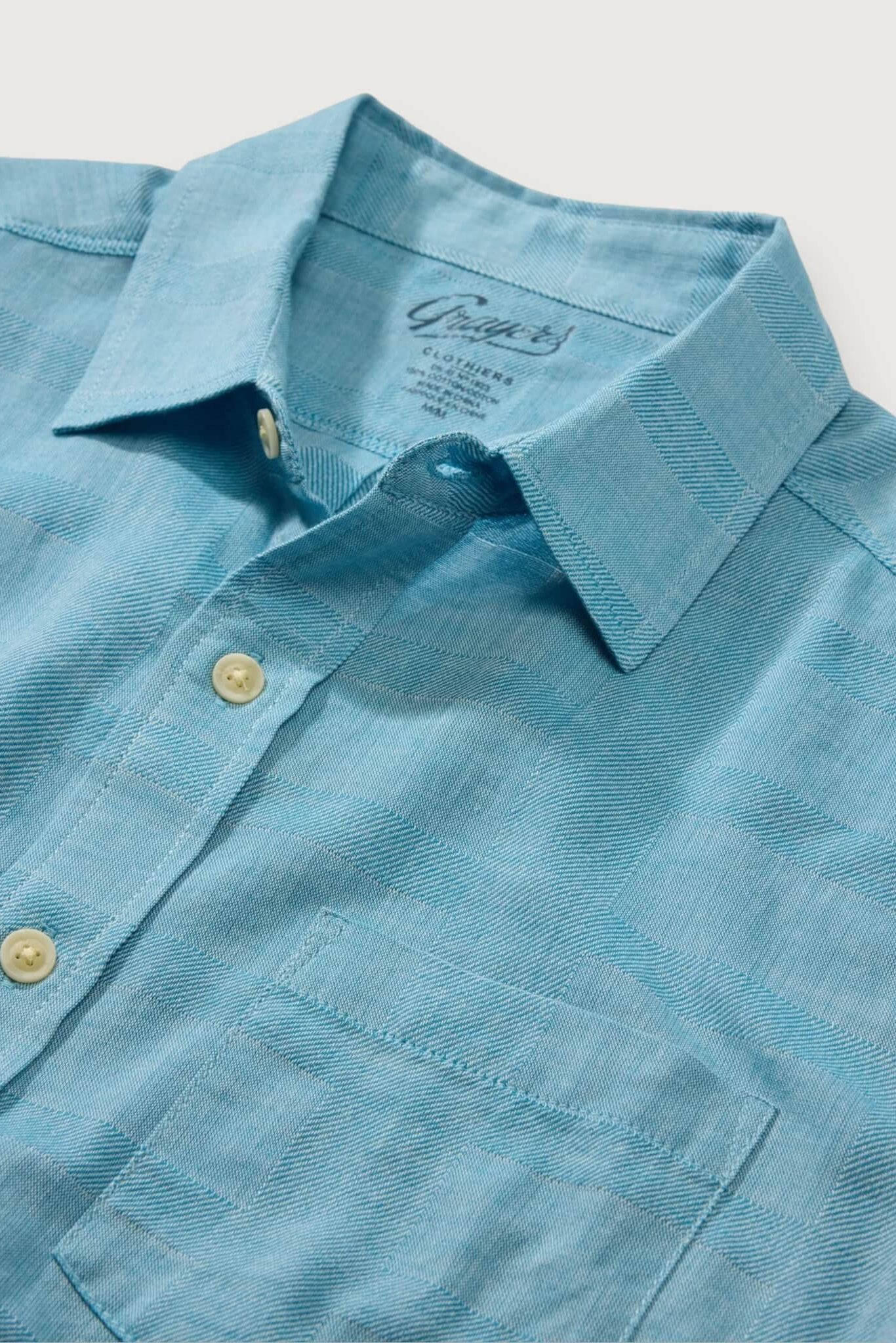 Grayers Tradewinds Camp Shirt in Maui Blue collar close up