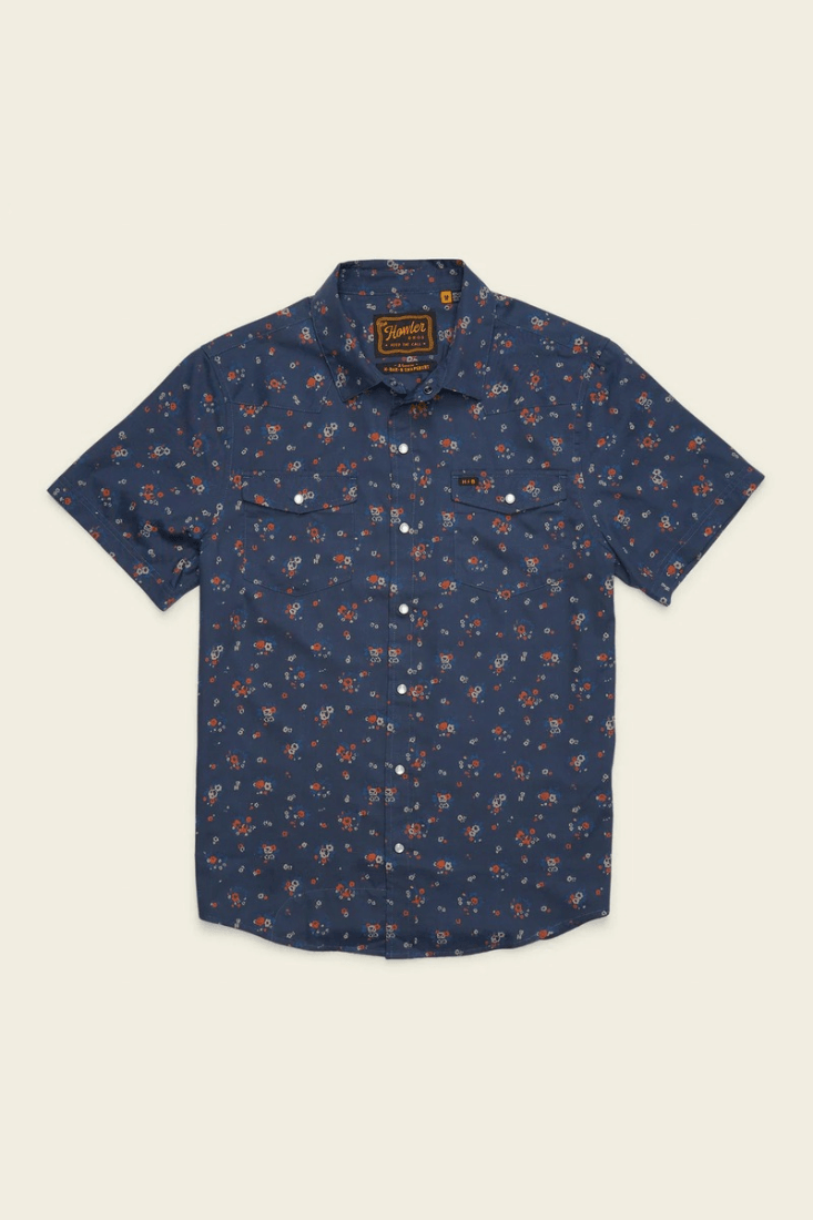 Howler Brothers H Bar B Snapshirt men's regular-fit short-sleeve western shirt with pearl snaps, western yokes, and shirttail hem.