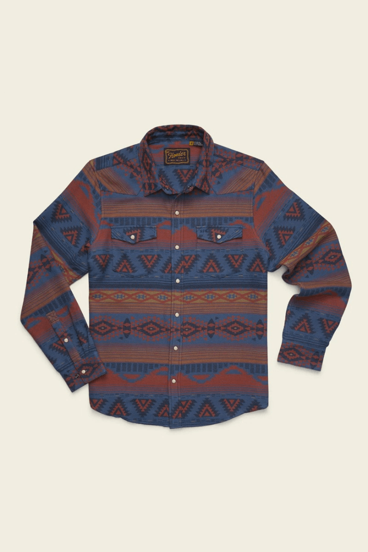 Howler Brothers Sheridan Flannel men's regular-fit jacquard flannel shirt with western-inspired styling, bone snaps, and shirttail hem.