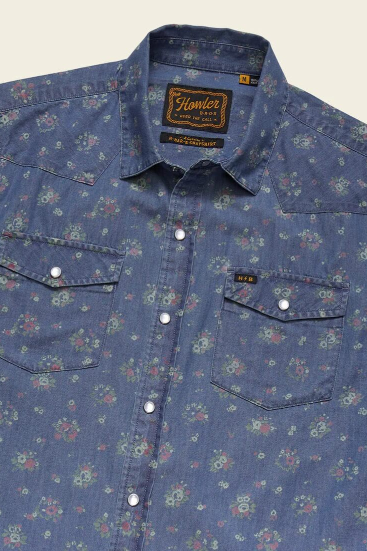 Front detail on the Howler Bros H Bar B Snapshirt in Bouquets Washed Indigo