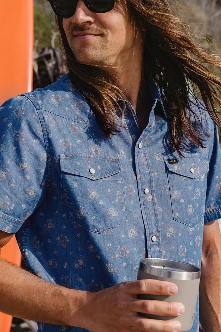 Front detail on the Howler Bros H Bar B Snapshirt in Bouquets Washed Indigo lifestyle