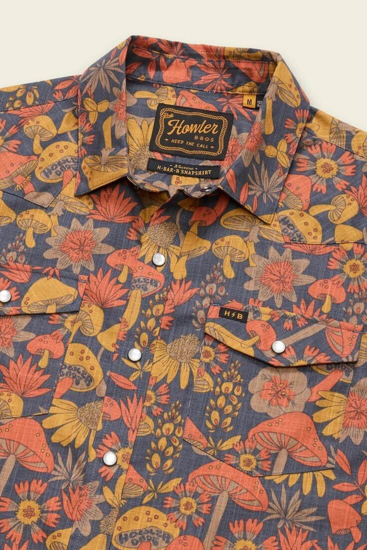 A close-up of Howler Bros H Bar B Snapshirt in Fungi Forage- Nightfall