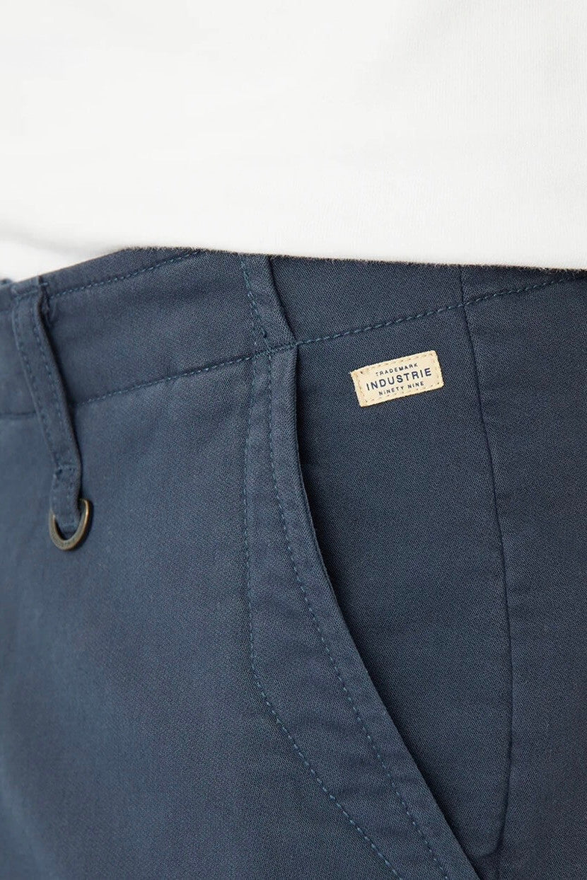 Industrie The Rinse Drifter Short in Mid Indigo front close up