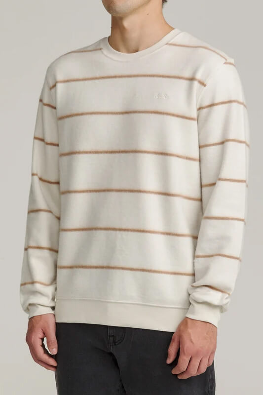 Katin Parks Crew sweatshirt featuring a yarn-dyed stripe pattern, brushed cotton reverse fleece, classic crew neckline, and embroidered chest logo.