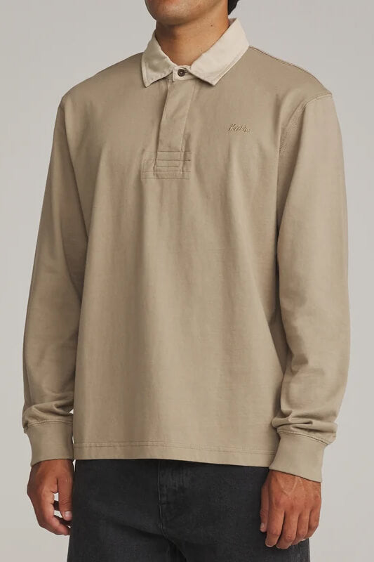 Katin Ronan Polo men's Taupe Vintage Wash heavyweight cotton jersey shirt with canvas collar, ribbed cuffs and classic fit.