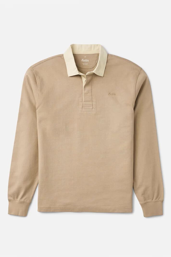 Katin Ronan Polo men's Taupe Vintage Wash heavyweight cotton jersey shirt with canvas collar, ribbed cuffs and classic fit.