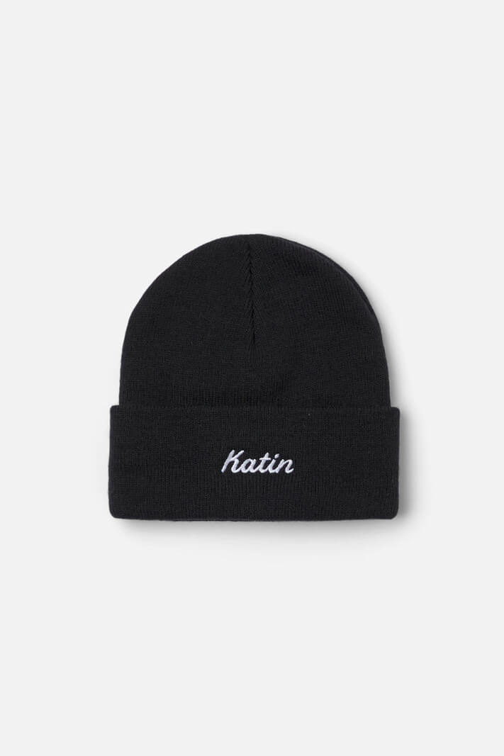 Katin Script Beanie featuring a fine-gauge acrylic knit, wide cuff, and embroidered script logo.