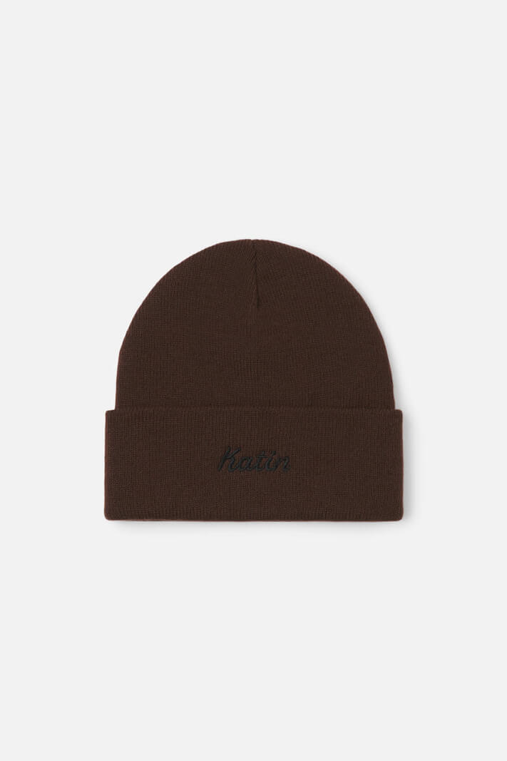 Katin Script Beanie featuring a fine-gauge acrylic knit, wide cuff, and embroidered script logo.