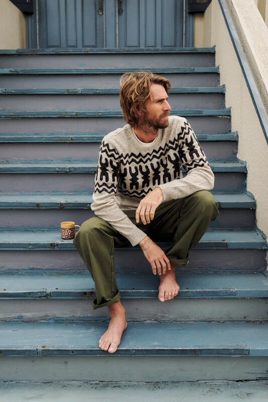 Katin Thompson Sweater men's lightweight crewneck sweater with multicolored nepp yarn and Hawaiian-inspired Kapa pattern across the chest and sleeves.