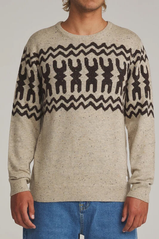 Katin Thompson Sweater men's lightweight crewneck sweater with multicolored nepp yarn and Hawaiian-inspired Kapa pattern across the chest and sleeves.