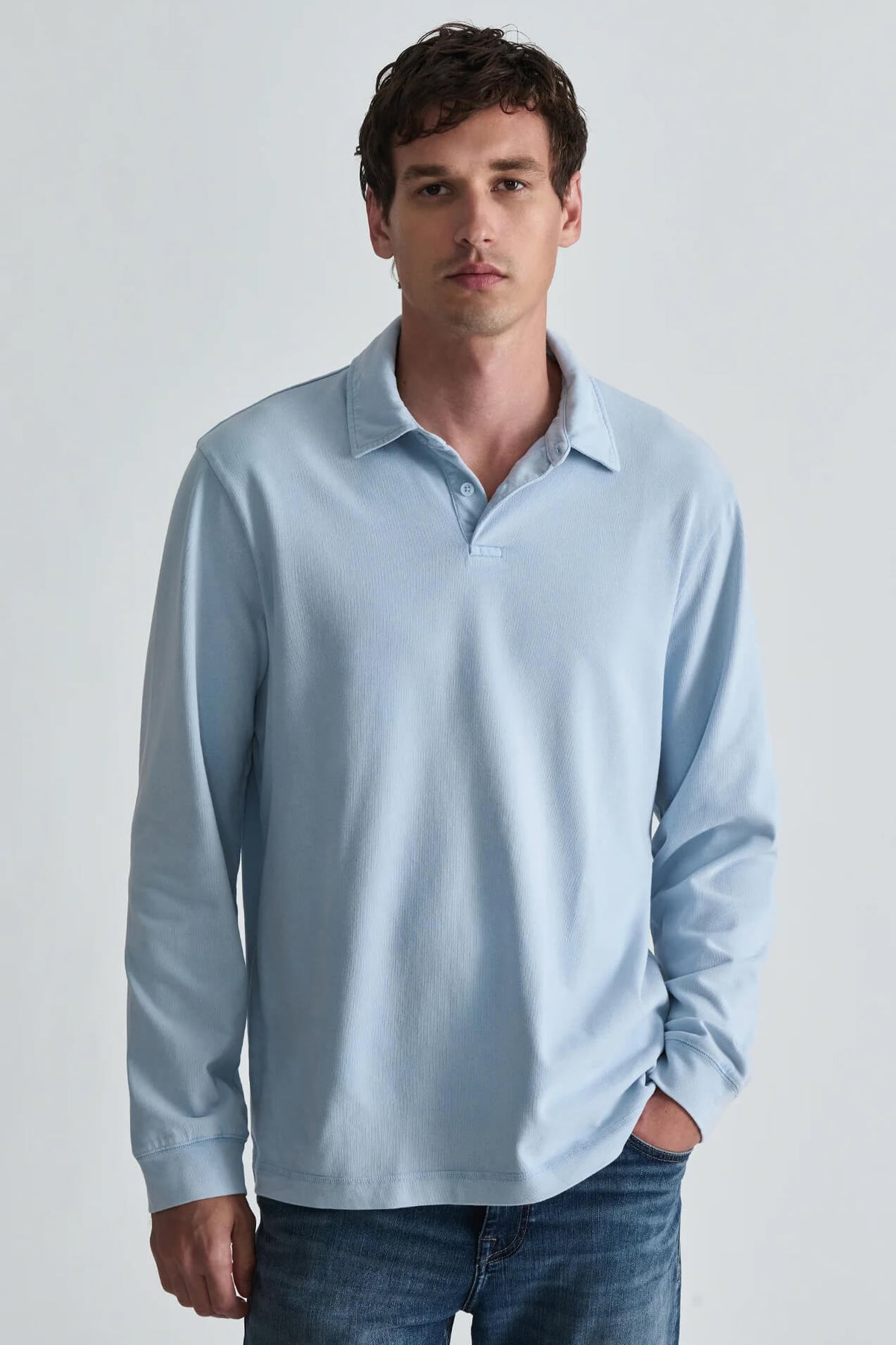 Mavi Acid Wash Long Sleeve Polo T-Shirt men's regular-fit cotton polo with long sleeves and lived-in acid-washed finish