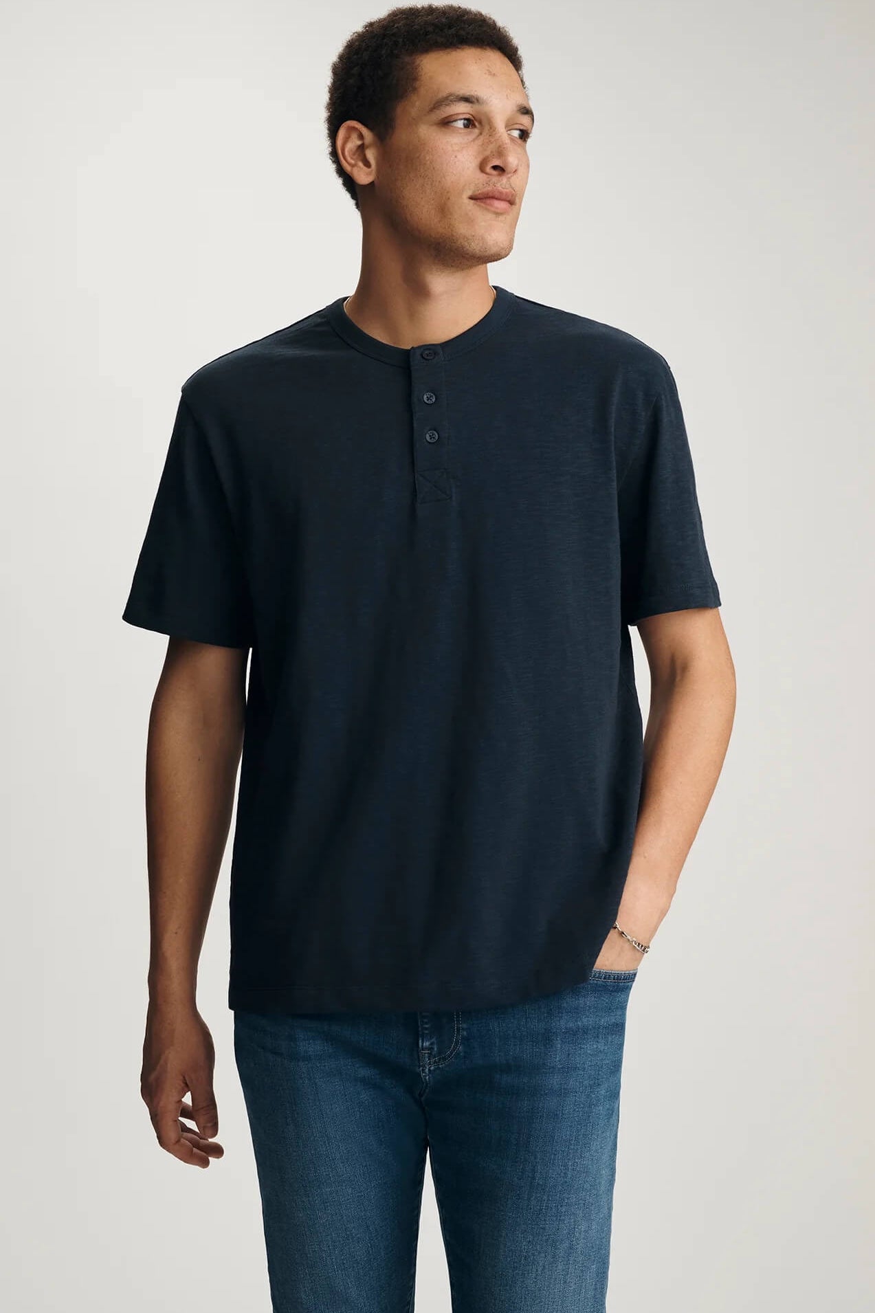 Mavi Buttoned Short Sleeve Tee in Navy