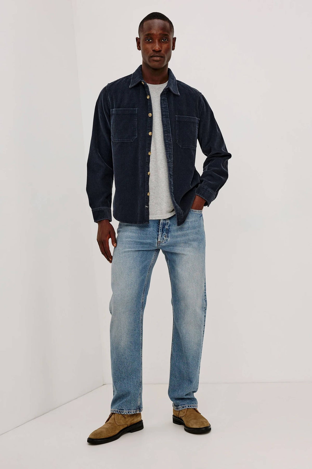 Rails Graham Overshirt in Midnight Blue featuring textured cotton corduroy, relaxed fit, classic collar, chest patch pocket, and button-front closure.