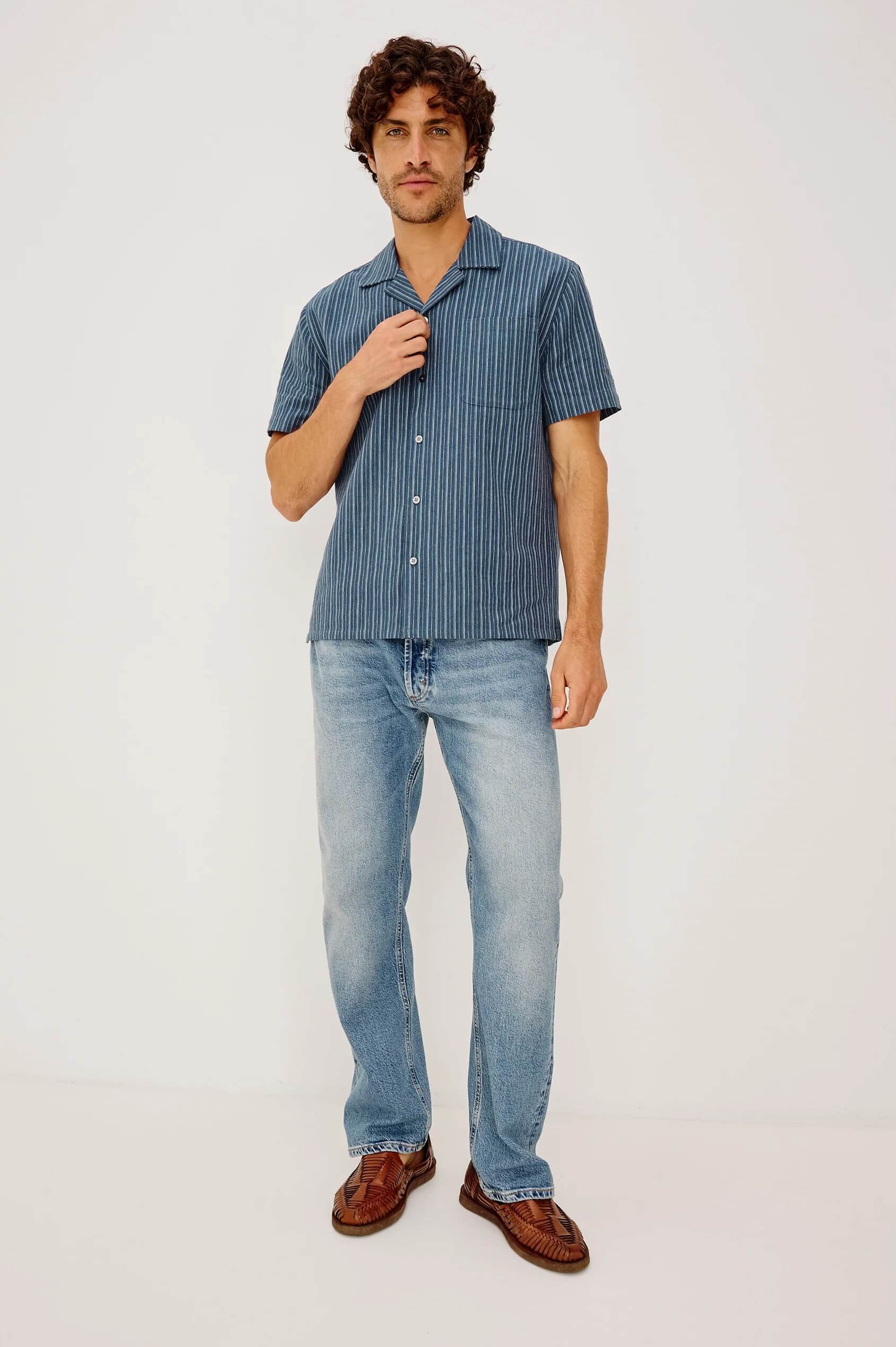Man wearing the Rails Ely shirt in Navy Multi Stripe