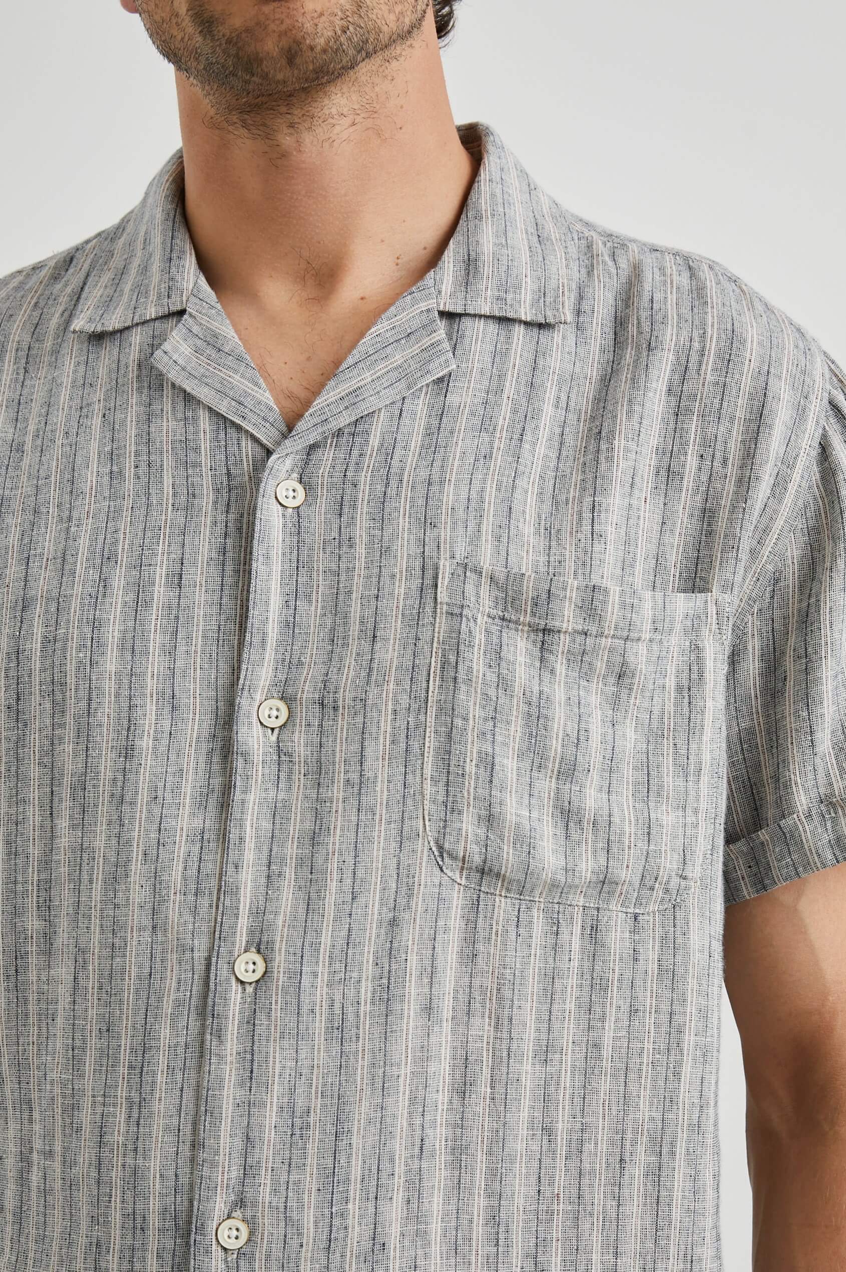 Rails Waimea shirt in Quinoa Navy Stripe texture close up
