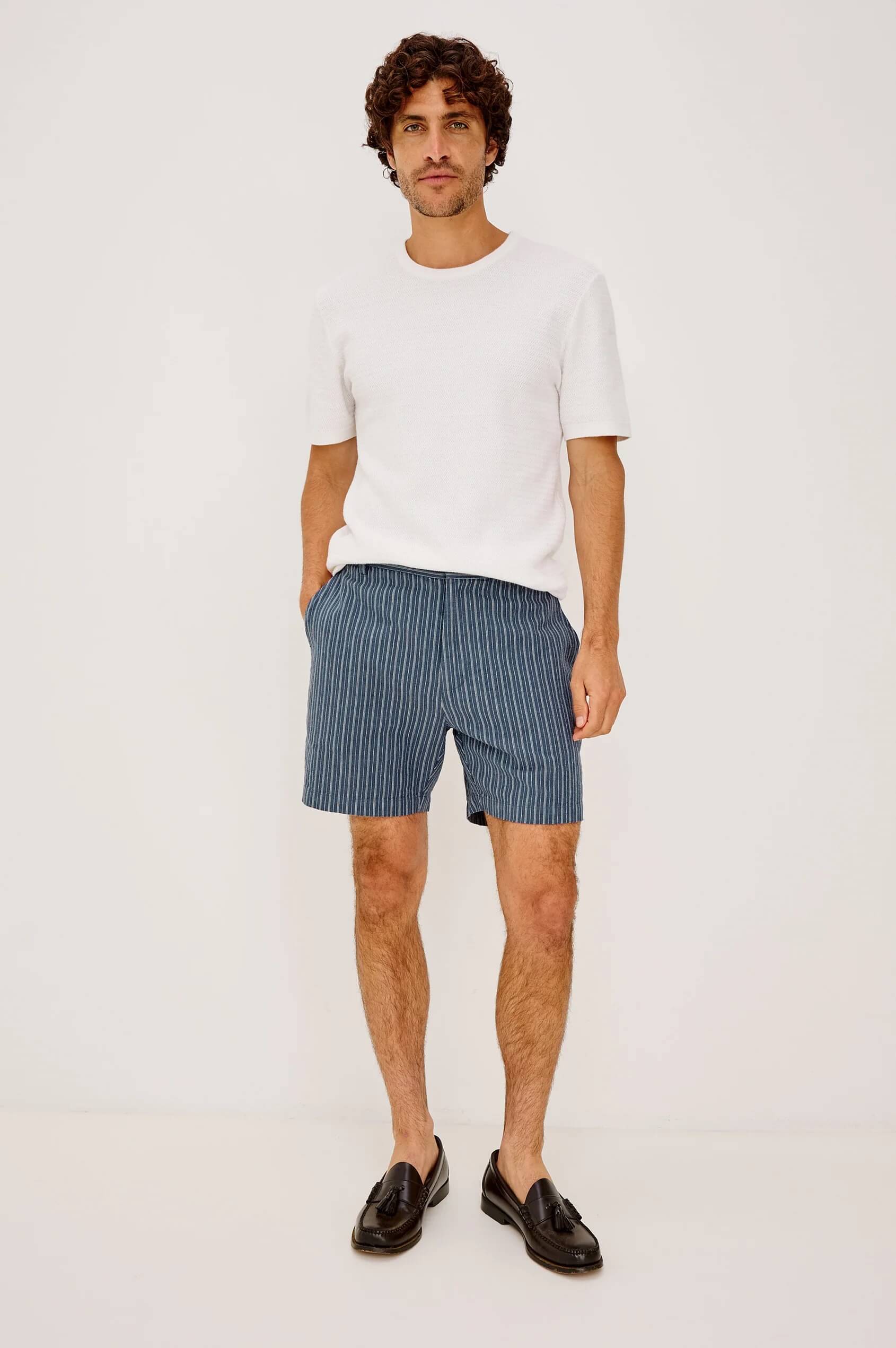 Man wearing the Rails Wilson short in Navy Multi Stripe