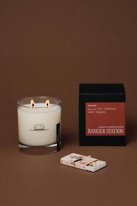 Ranger Station Oakmoss Candle 8 oz. soy wax blend candle with moss, cedarwood, amber and bergamot fragrance notes.