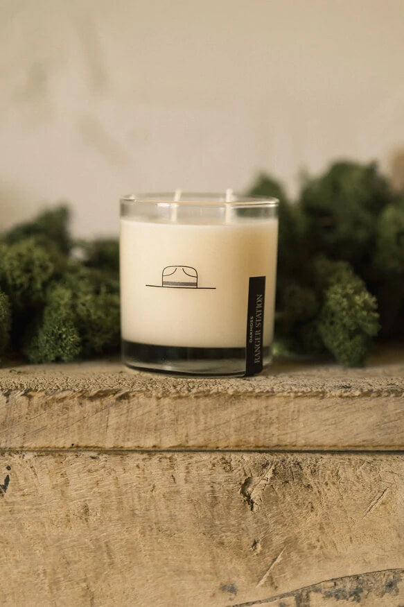 Ranger Station Oakmoss Candle 8 oz. soy wax blend candle with moss, cedarwood, amber and bergamot fragrance notes.