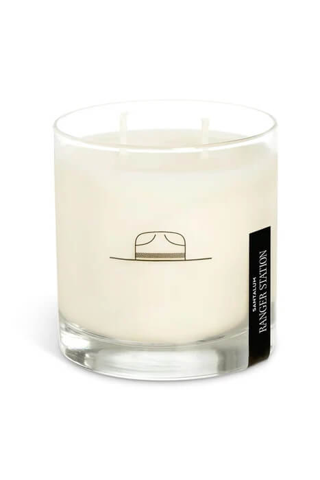 Ranger Station Santalum Candle 8 oz. soy wax blend candle with sandalwood, amber resin, iris and leather fragrance notes.