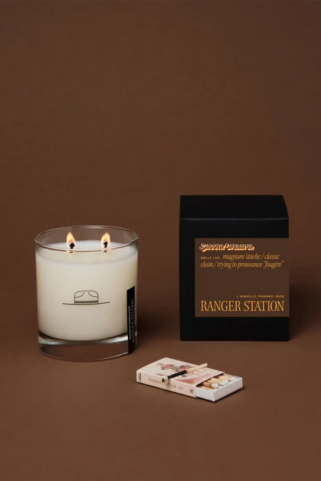 Ranger Station Smooth Operator Candle 8.5 oz. soy wax blend candle with bergamot, moss, cedarwood, sandalwood and musk fragrance notes.