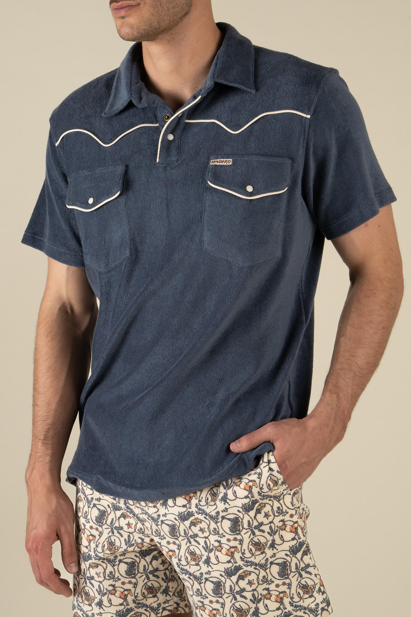 Sendero Cantina Terry Polo in vintage indigo short sleeve