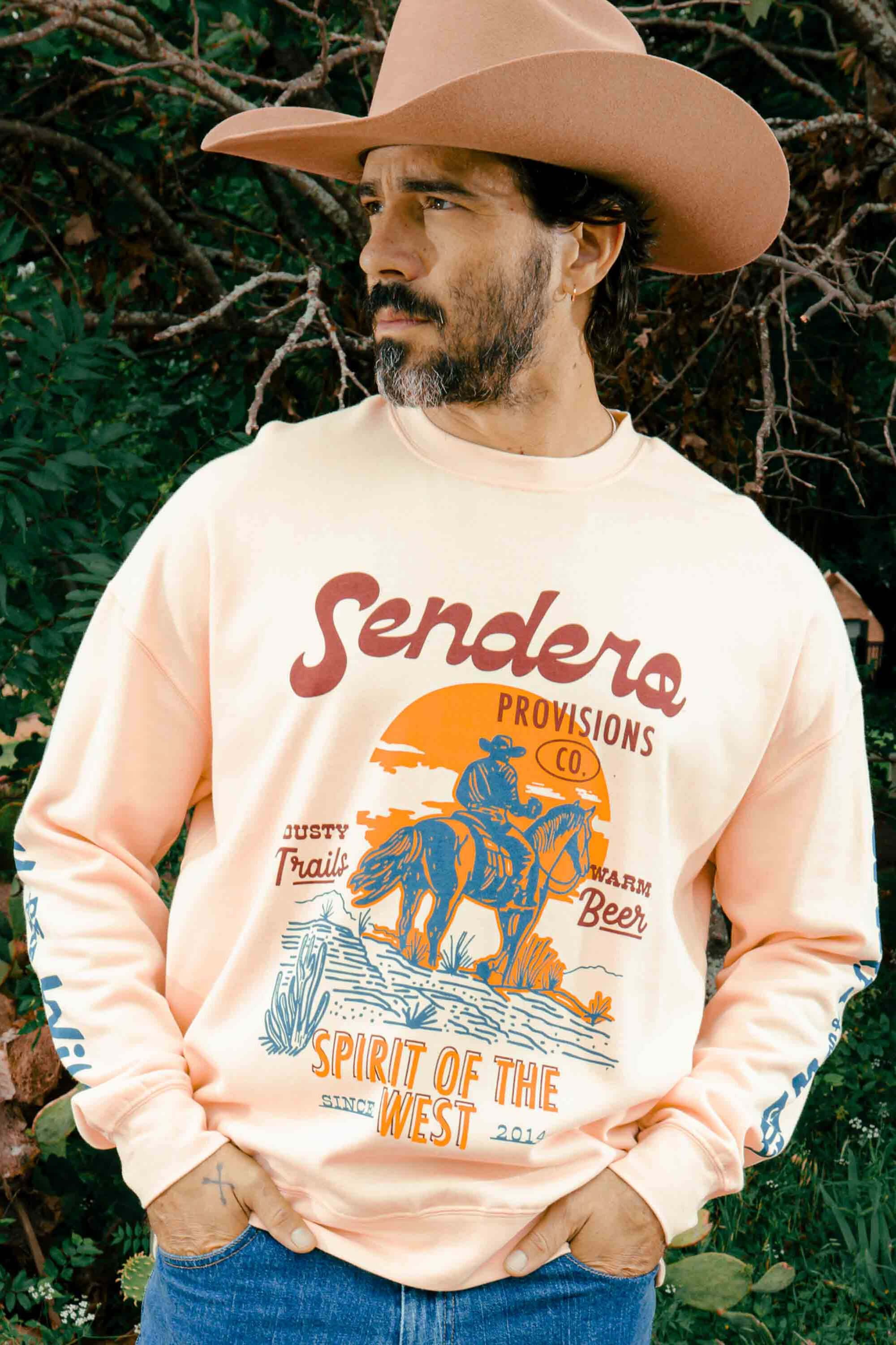 Sendero Provisions Co. Dusty Trails men's graphic crewneck sweatshirt with Western-inspired artwork.