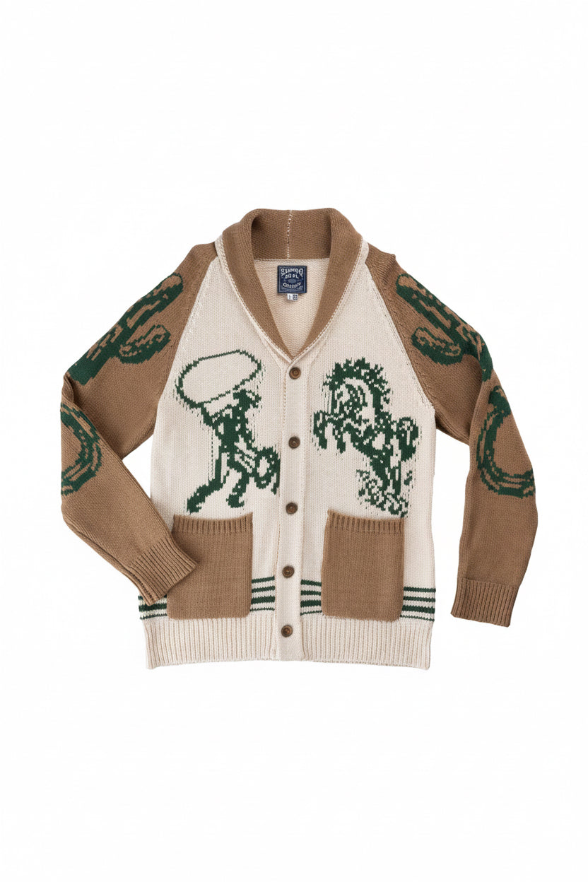 Sendero Provisions Co. Nuevo Laredo men's Western cardigan with shawl collar and Southwest conch buttons.