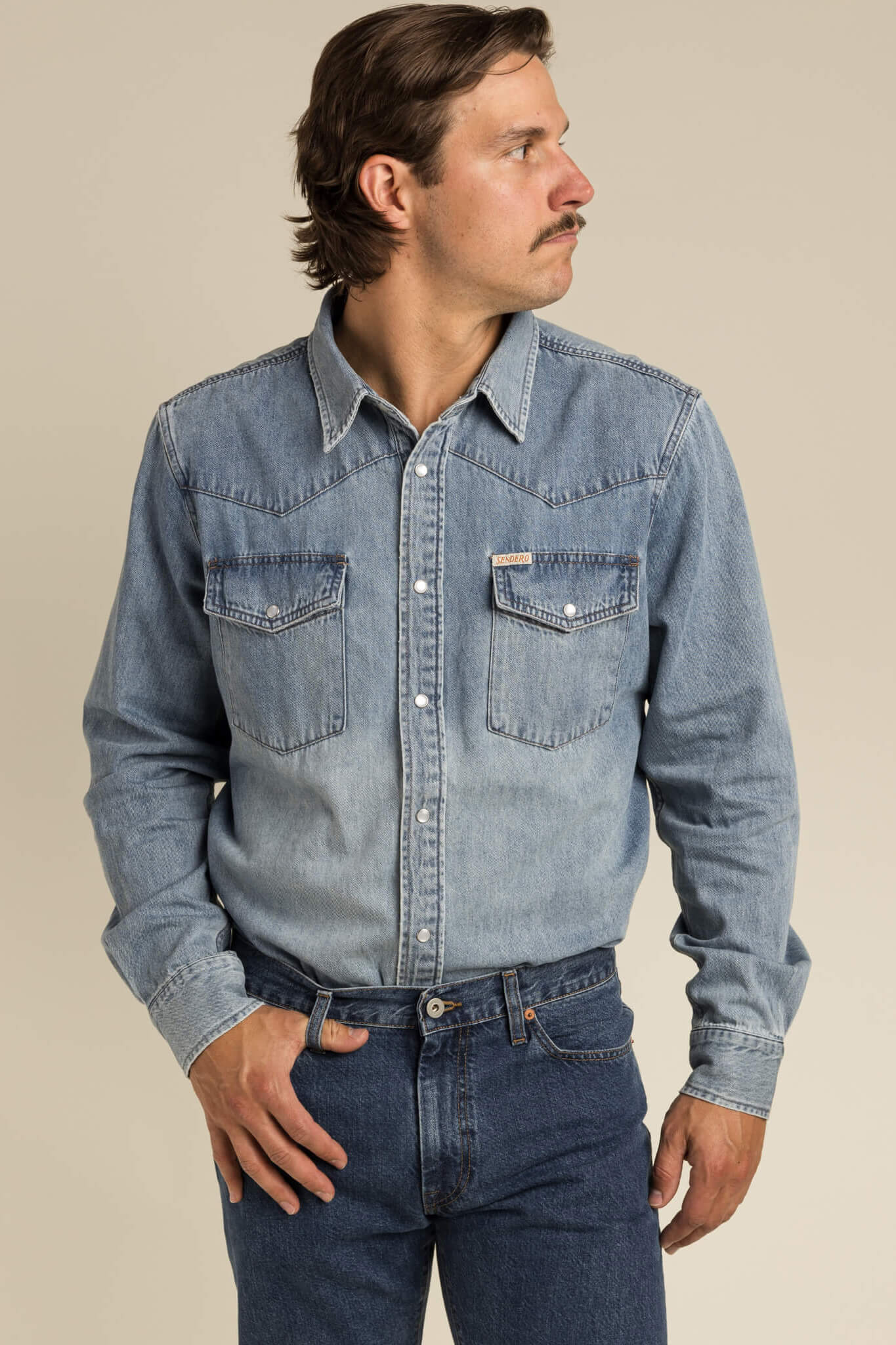 Sendero Wyatt Pearl Snap Shirt in vintage denim style