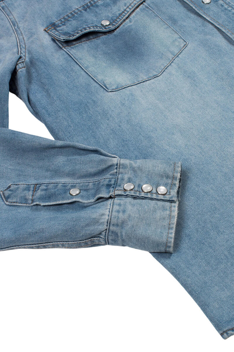 Sendero Wyatt Pearl Snap Shirt in vintage denim sleeve close up