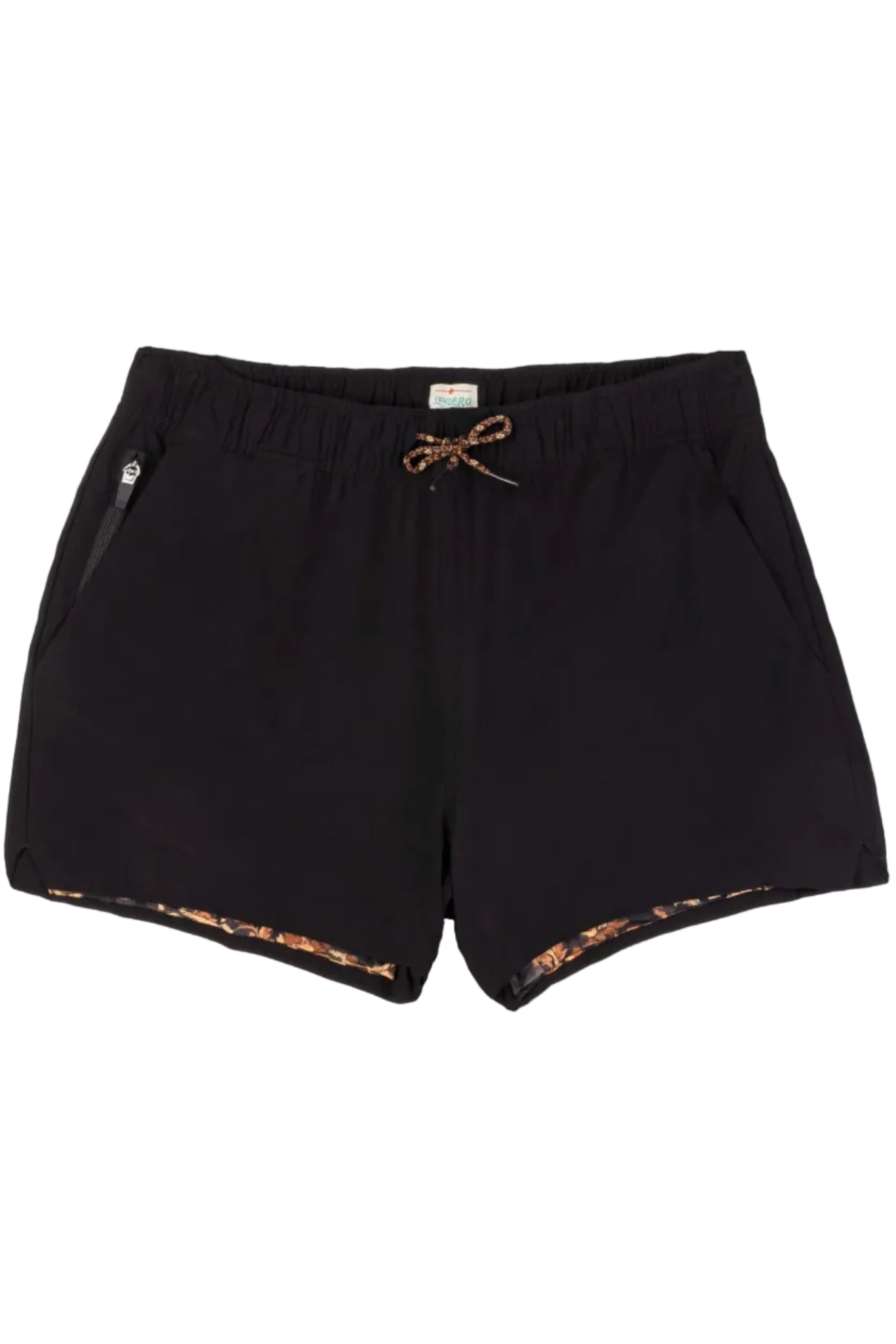 Black athletic shorts with a brown patterned drawstring and matching patterned inner hem lining, shown flat on a white background.